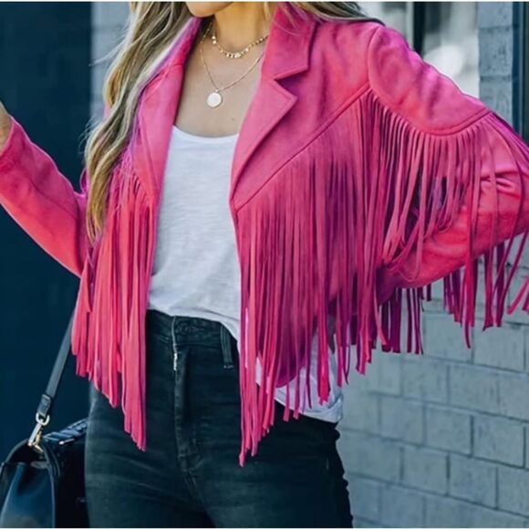 New Womens Cropped Fringe Faux Suede Leather Motorcycle Jackets, Hot Pink - Picture 2 of 6